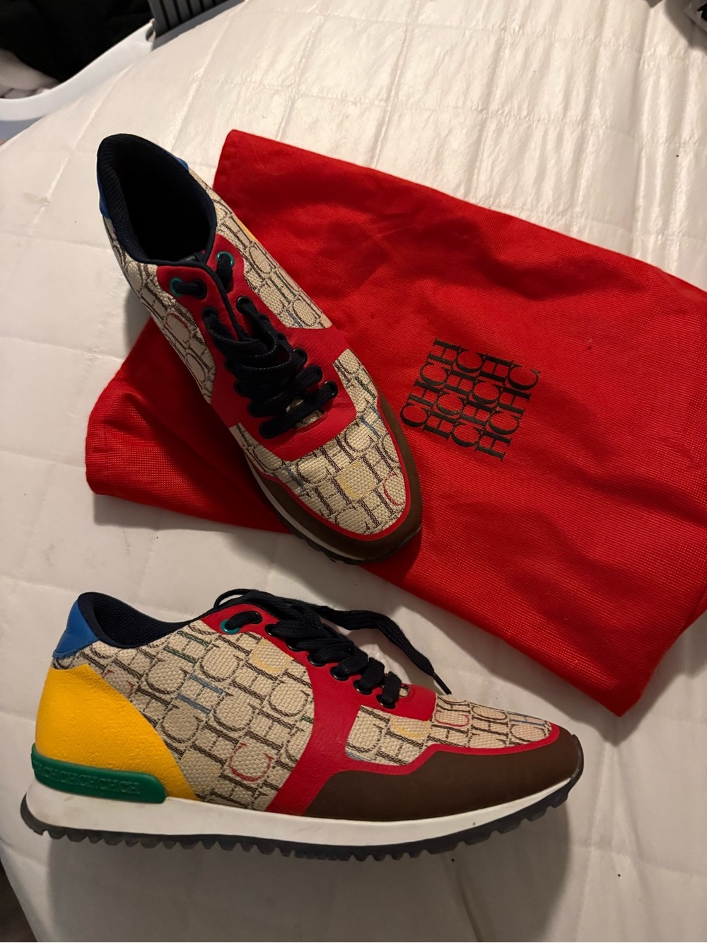 Carolina Herrera Multicolor Logo-Print Sneakers with Red & Yellow Accents